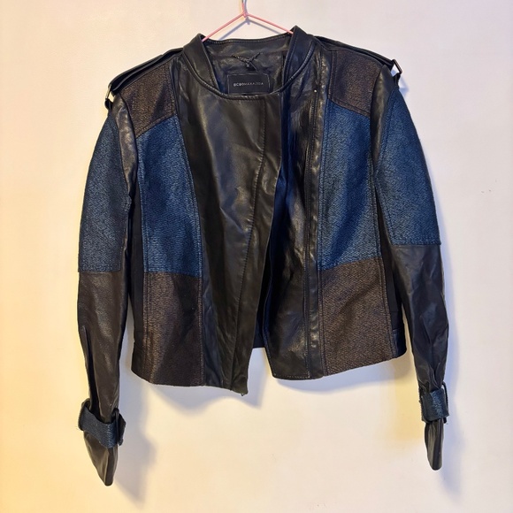 BCBG Max Azria Patchwork Color Block Leather Moto Jacket Black Blue Womens XS - Picture 4 of 6